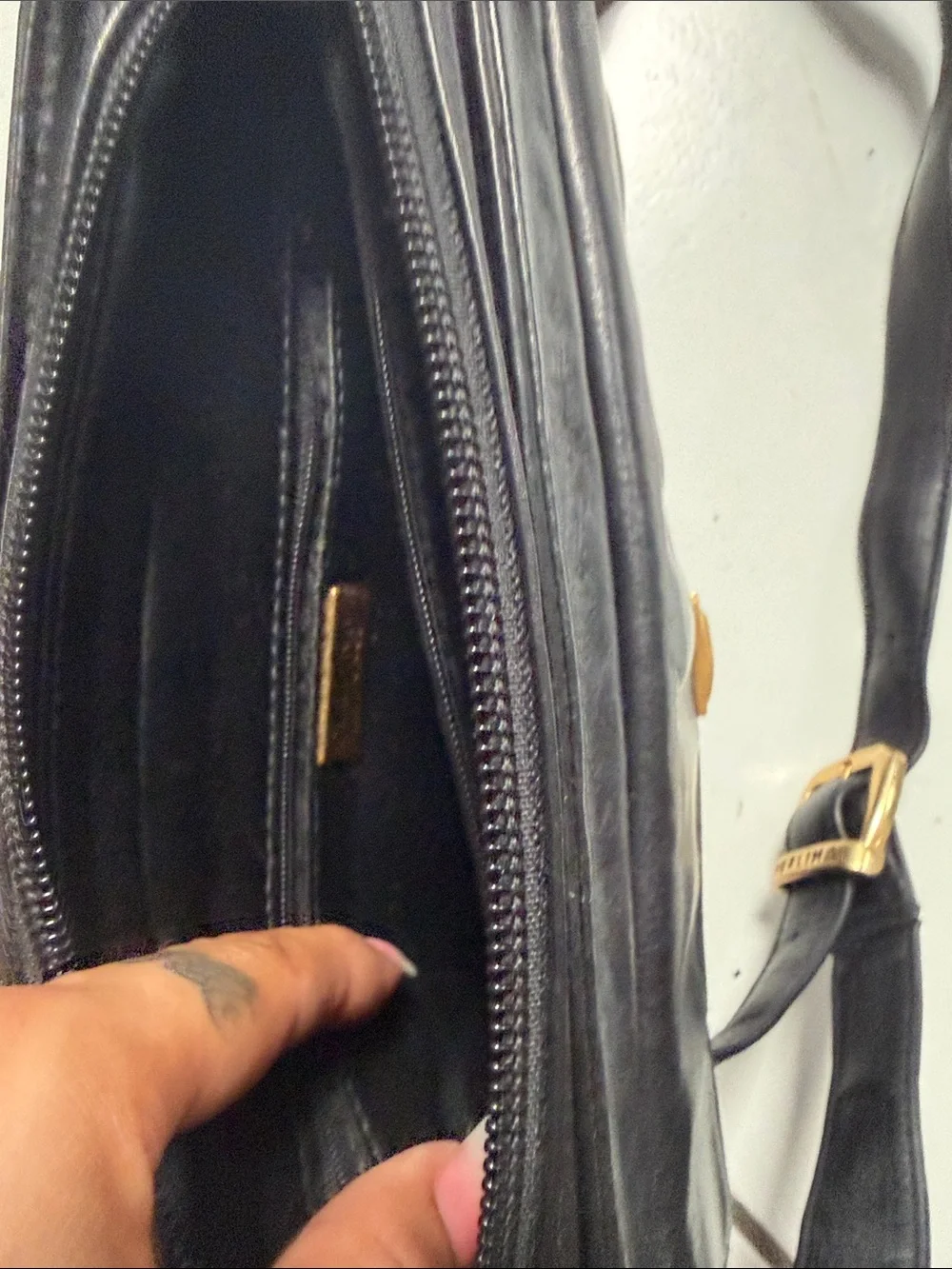 Perlina Black Leather Messenger Bag with Gold Hardware